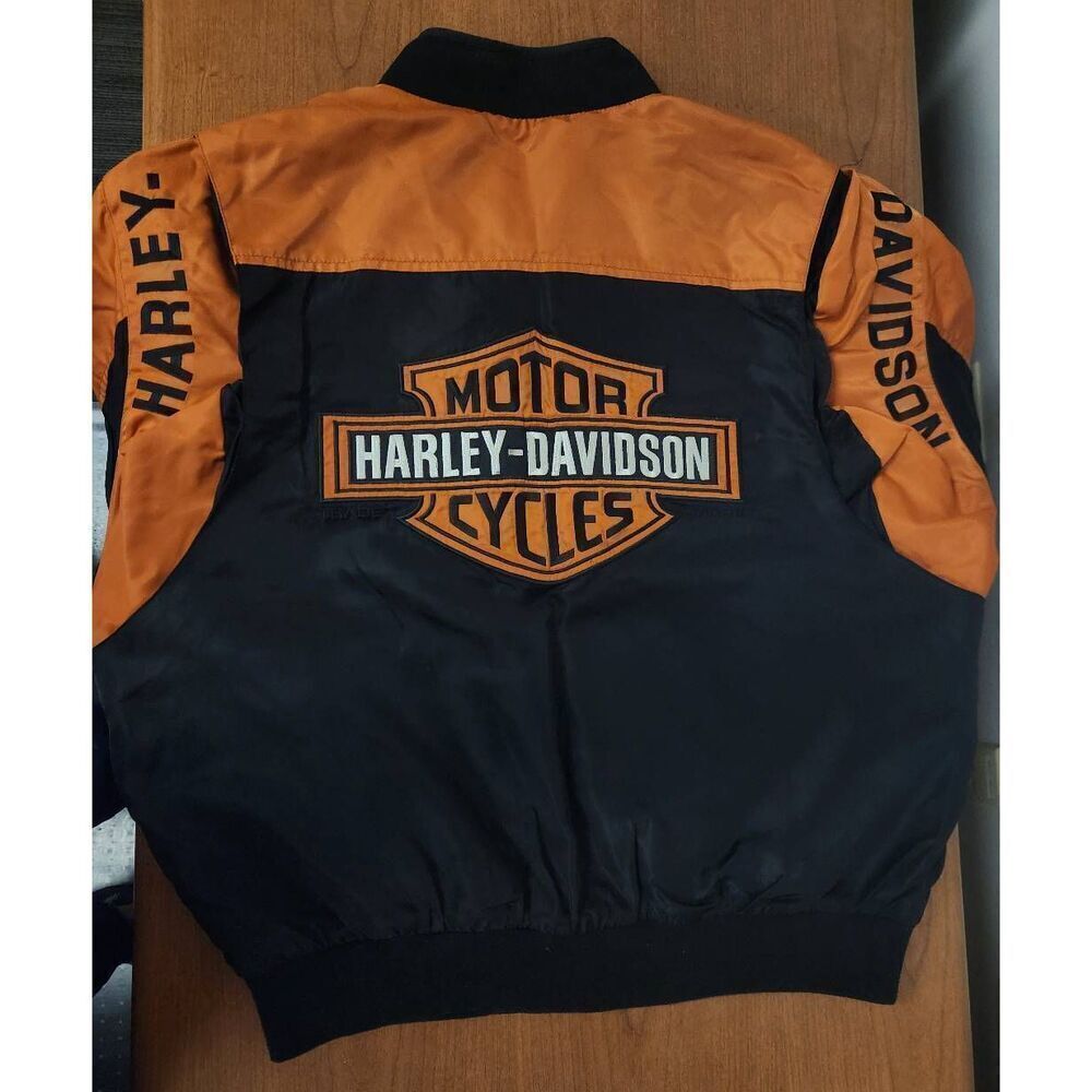 Harley-Davidson Vintage Black Orange Riding Jacket Bar Shield Logo Aviator Large
